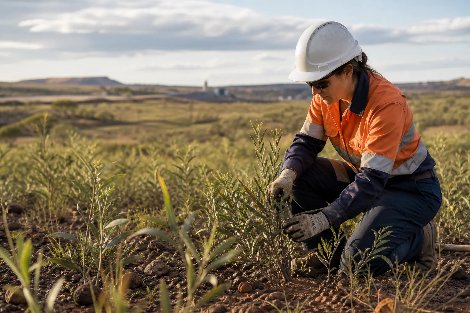 Environmental specialist inspecting native plants on rehabilitated land